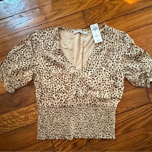 Abercrombie & Fitch Beige Smocked Leopard Print Blouse - S